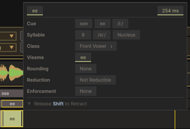 The cue tooltip, listing the cue's word, phoneme, syllable, class, viseme, rounding, reduction and enforcement