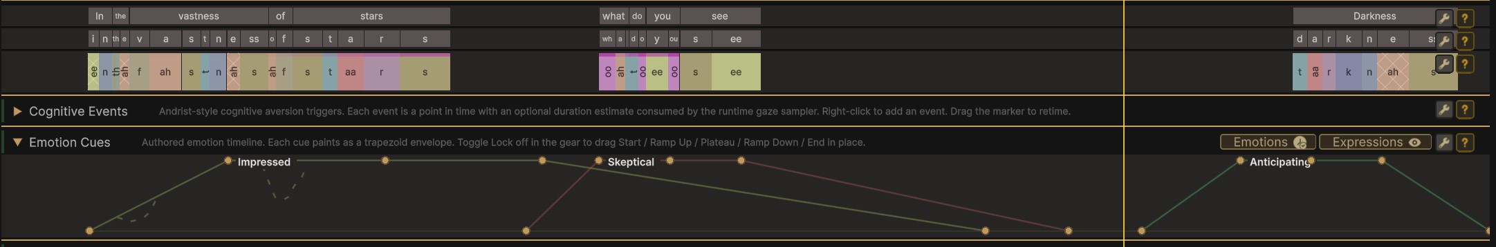 Three emotion cues drawn as trapezoid envelopes across a clip, each with five draggable handles