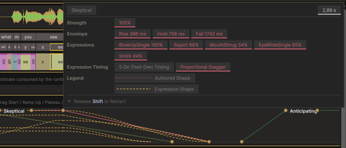 The emotion tooltip, showing strength, envelope timings, the five expressions the emotion resolves into with their weights, and the timing mode