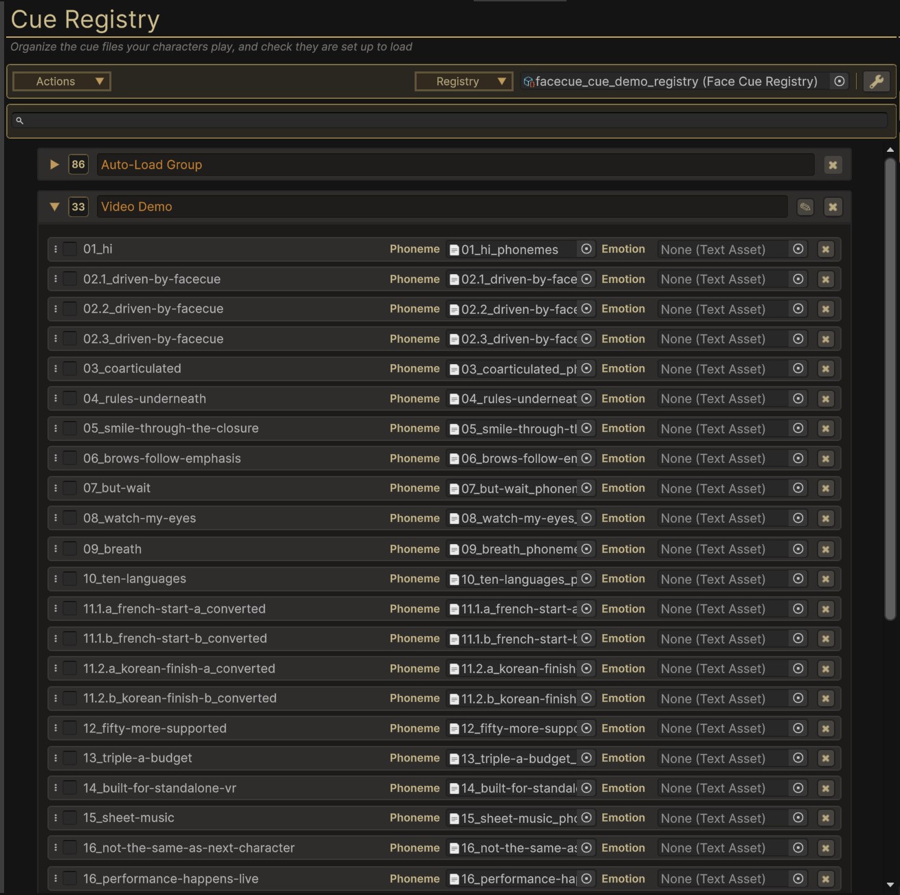 The Cue Registry window, showing two groups of clips with their phoneme and emotion files